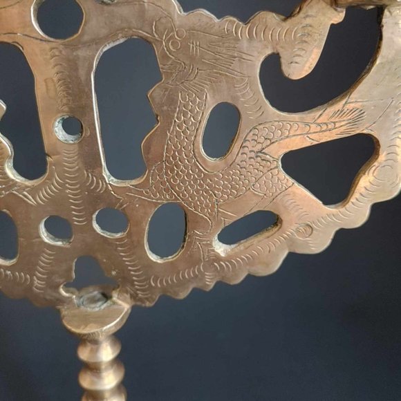 Vintage Chinese Brass Hand Engraved Dragons Candelabra 3 Candle 10" Candlestick - Picture 4 of 8